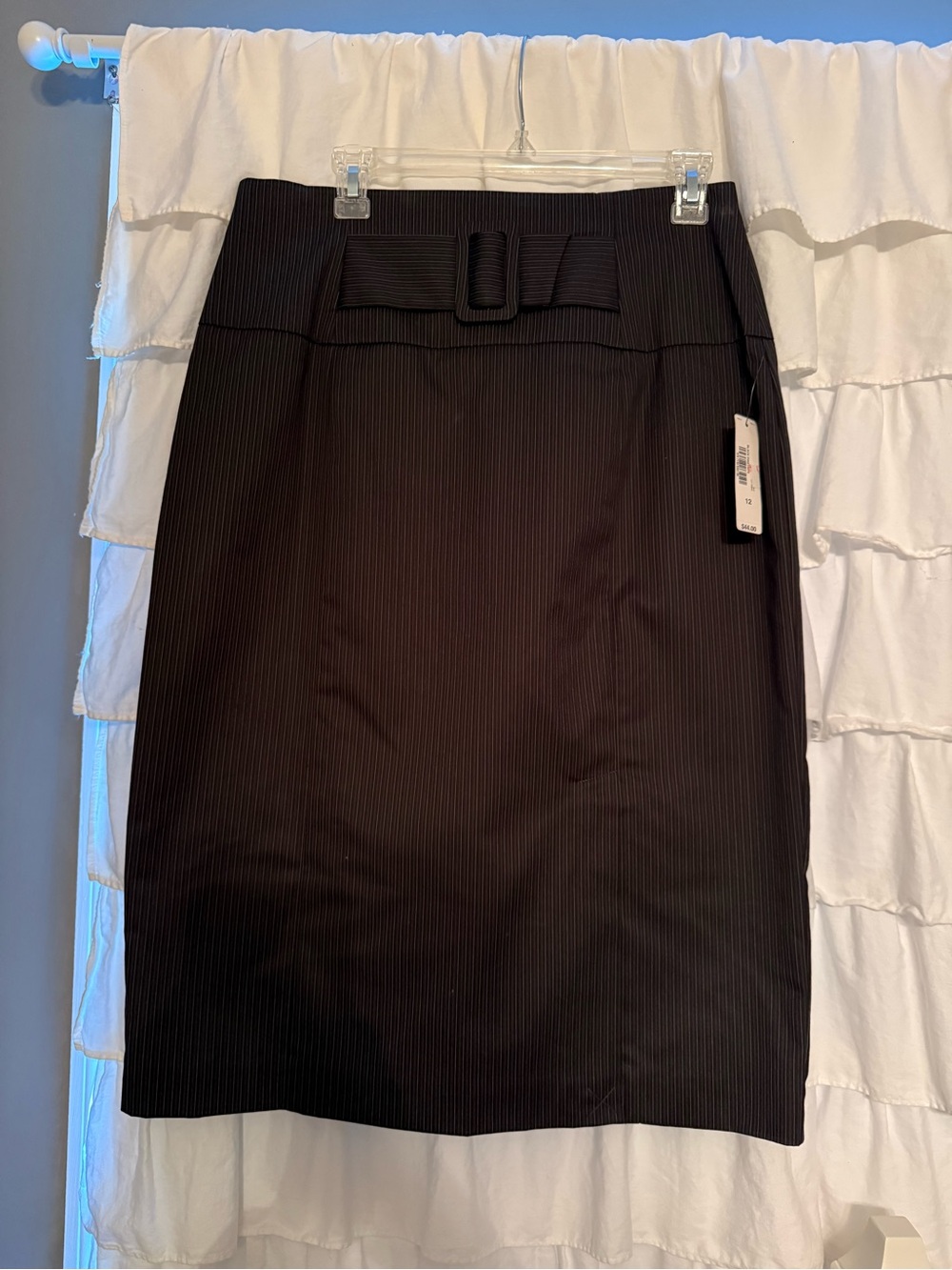 Black Pinstriped Pencil Skirt with Belt Detail